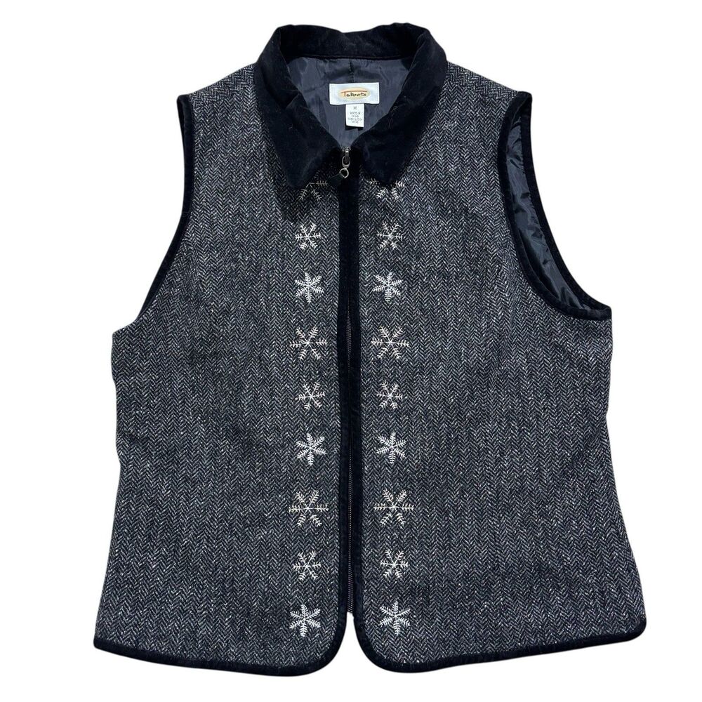 Talbots Vest Sz Medium Gray Tweed Herringbone Wool Silk Blend Snowflake Vintage